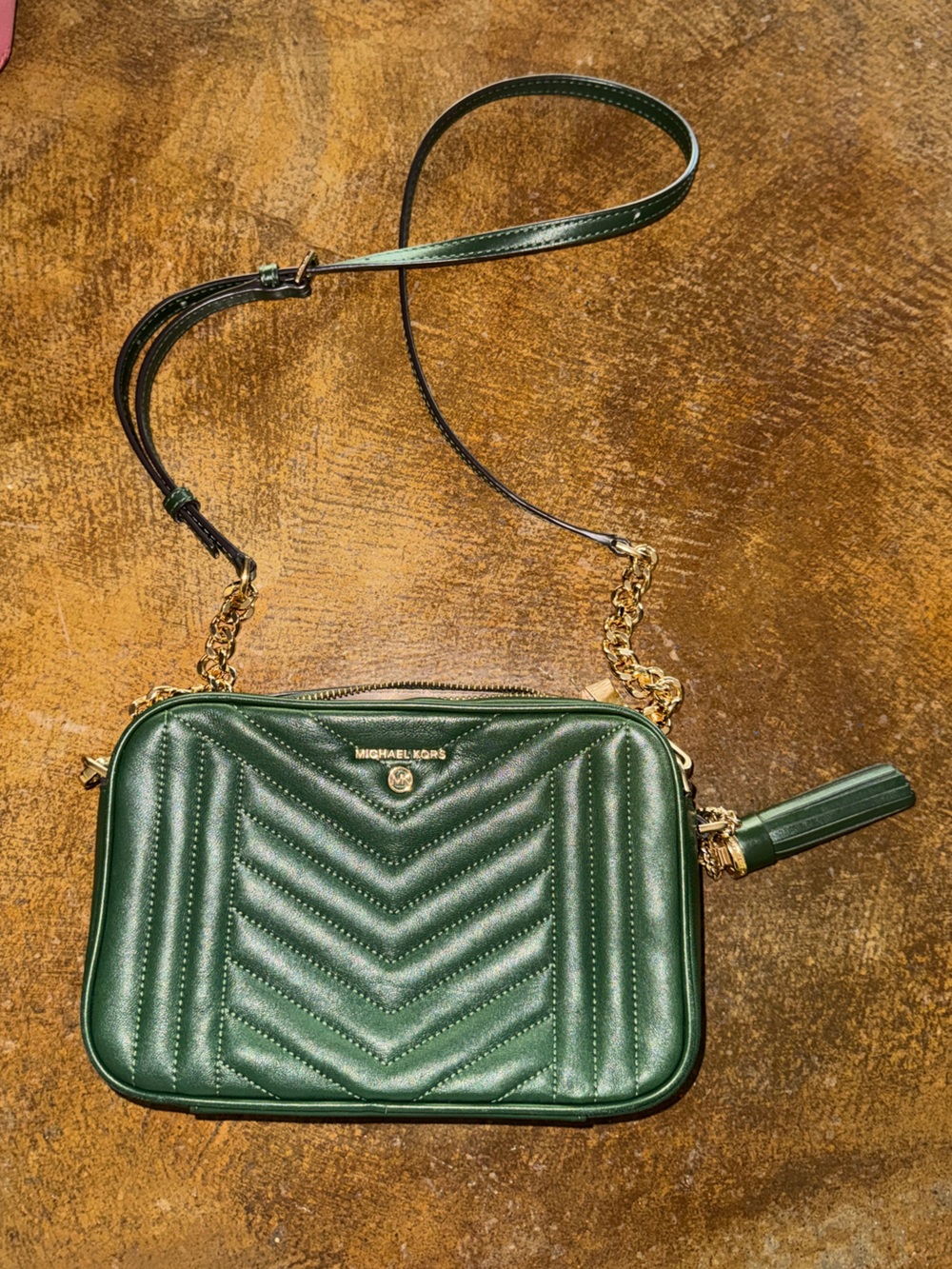 Michael Kors Dark Green Quilted Leather Crossbody with Gold Chain Strap